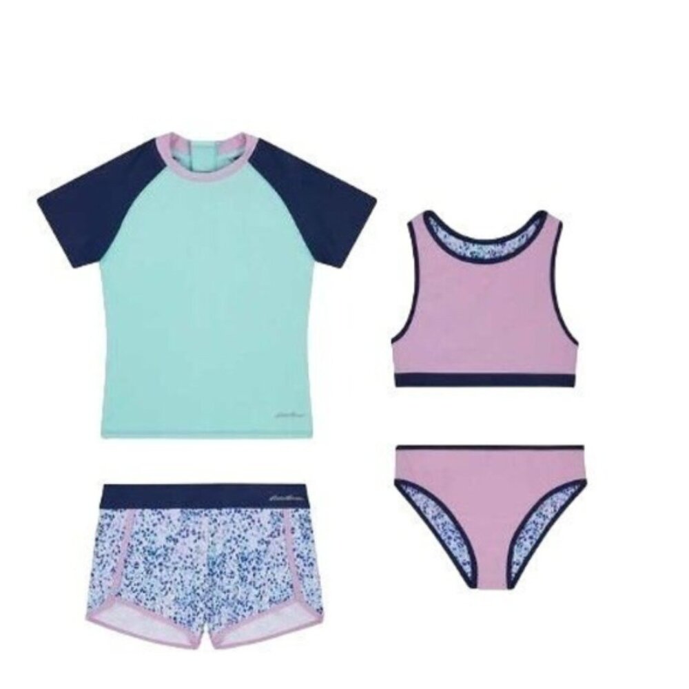 Girls Eddie Bauer Reversible Bathing Suit 4 piece Swim Suit S 7/8